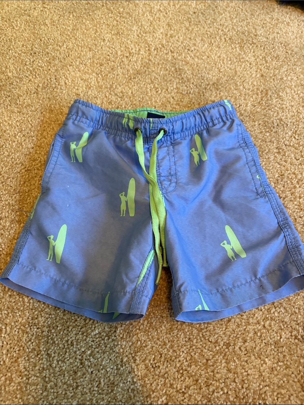 Johnny-O Blue Kids Swim Trunks with Lime Surfboard Print